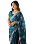Vasthrlay Scalloped Embroidery Teal Blue Saree With Unstitched Blouse Piece