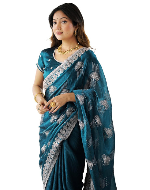 Vasthrlay Scalloped Embroidery Unstitched Lime Green Saree