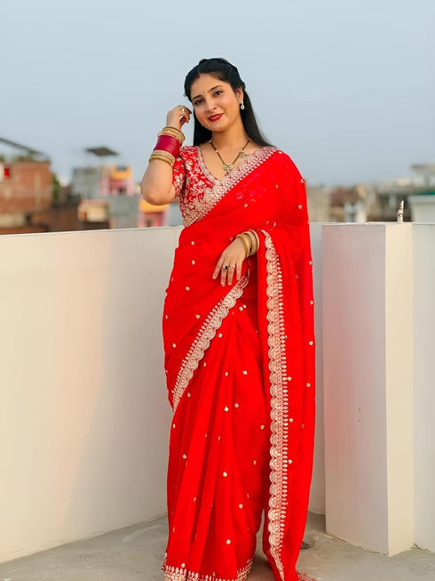 Vasthrlay Emboidered Embroidered Juhi Red Free Ethnic Wear