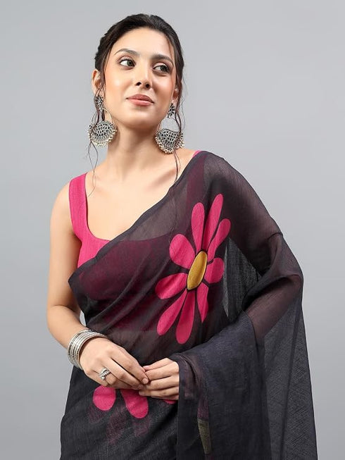 Vasthrlay Dark Black Linen Floral Printed Saree With Solid Unstitched Linen Blouse Piece