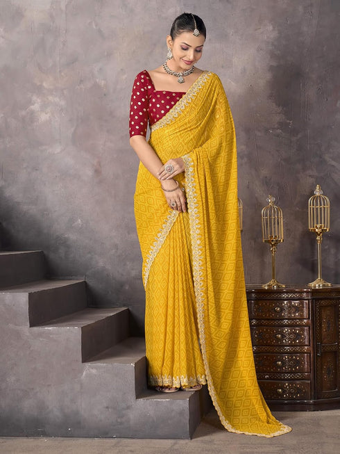 Vasthrlay Georgette Embrodery Unstitched Yellow Saree