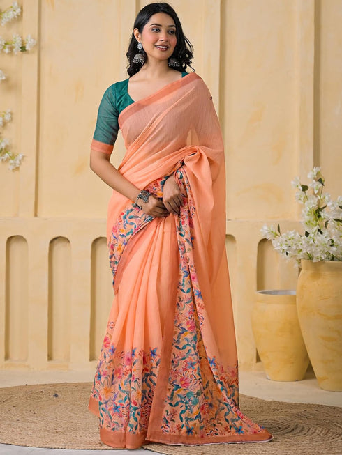 Vasthrlay Womens Printed Unstitched Peach Saree