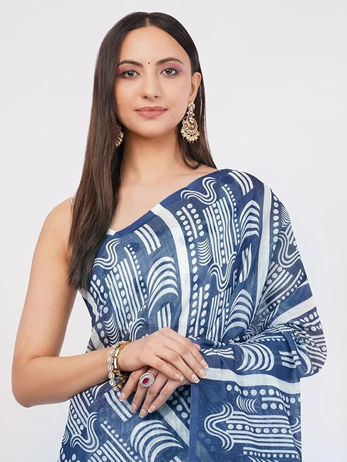 Vasthrlay Blue White Linen Floral | Striped | Check Design Printed Saree With Solid Unstitched Linen Blouse Piece