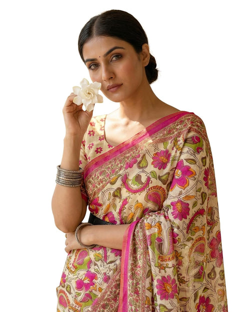 Vasthrlay Womens Printed Unstitched Peach Saree