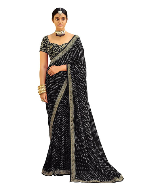 Vasthrlay Embroidery Georgette Mint Black Saree With Unstitched Blouse Piece