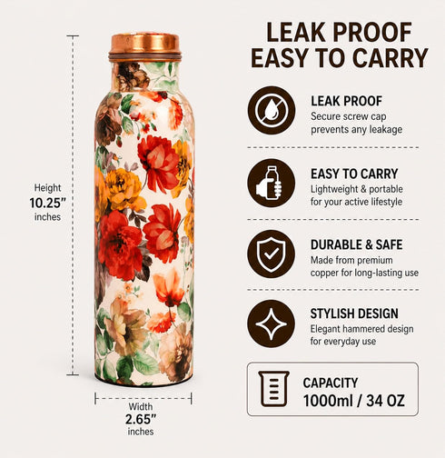 Pure Copper Water Bottle White Base Floral 1000 ml