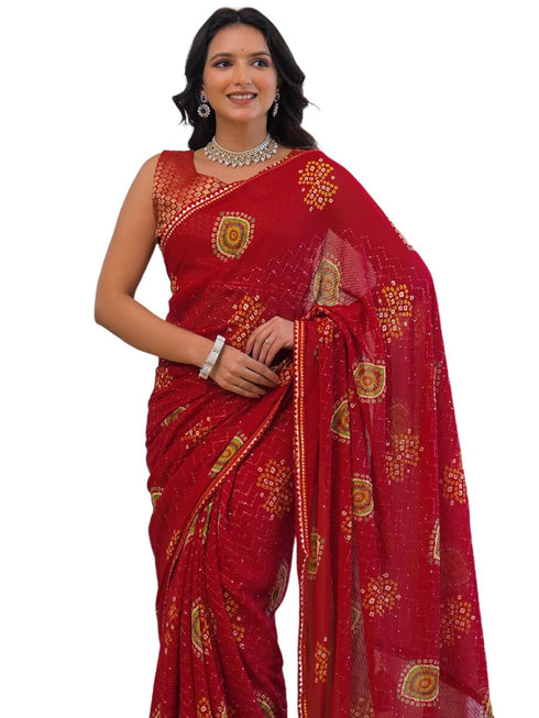 Vasthrlay Georgette Embroidery Unstitched Red Saree