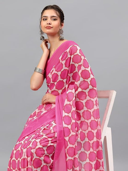 Vasthrlay Pink Floral Printed Georgette Saree With White Solid Georgette Unstitched Blouse