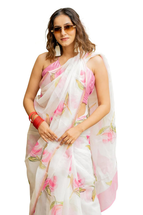 Vasthrlay Fashion Organza Printed White Ethnic Wear