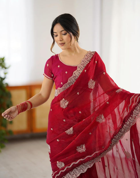 Vasthrlay Sequins Embroidery Red Saree