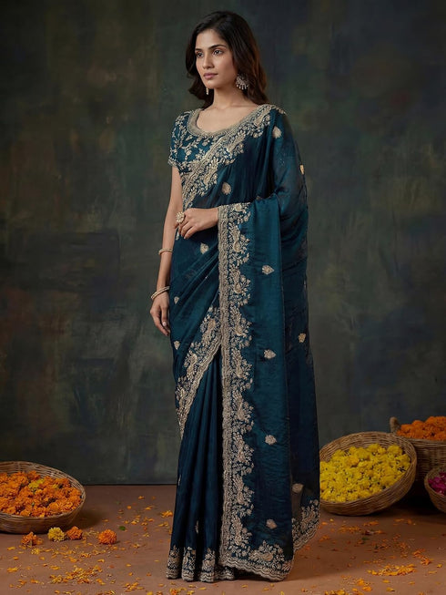 Vasthrlay Scalloped Embroidery Navy Blue Saree With Unstitched Blouse Piece