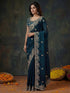 Vasthrlay Scalloped Embroidery Navy Blue Saree With Unstitched Blouse Piece