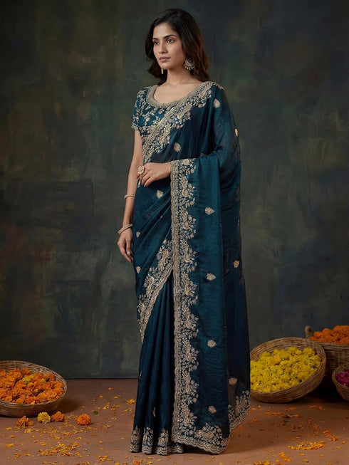 Vasthrlay Scalloped Embroidery Unstitched Dark Green Saree