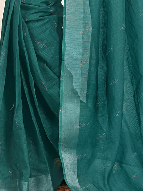 Vasthrlay Womens Printed Turquoise Saree With Unstitched Blouse Piece