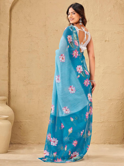 Vasthrlay Womens Printed Unstitched Sky Blue Saree