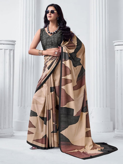 Vasthrlay Abstract Printed Beige Saree With Unstitched Blouse Piece