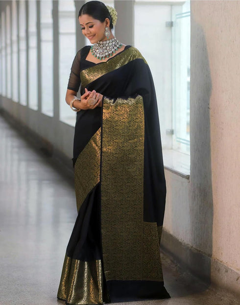 Vasthrlay Banarasi Jacquard Unstitched Dark Green Saree
