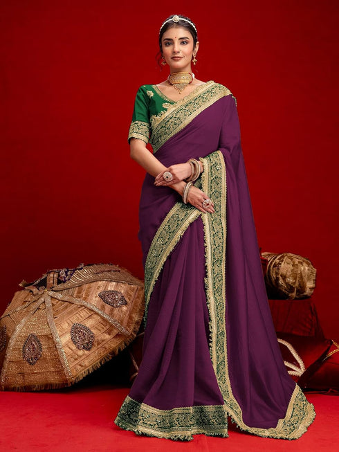 Vasthrlay Vichitra Embroidery Unstitched Red Saree