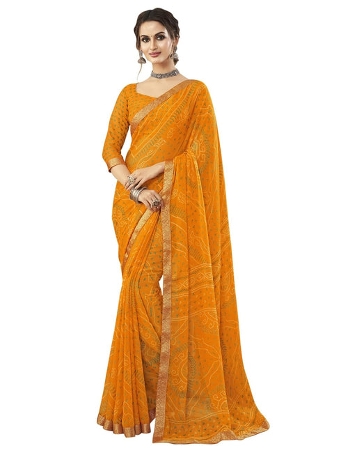Vasthrlay Bandhani Printed Chiffon Turmeric Yellow Saree With Unstitched Blouse Piece