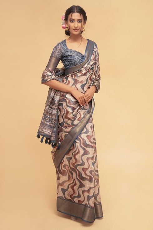 Vasthrlay Indigo Mocha Geometric Print Polyester Saree With Dull Gold Zari Border And Unstitched Blouse Piece