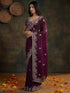 Vasthrlay Scalloped Embroidery Wine And Gold Green Saree With Unstitched Blouse Piece