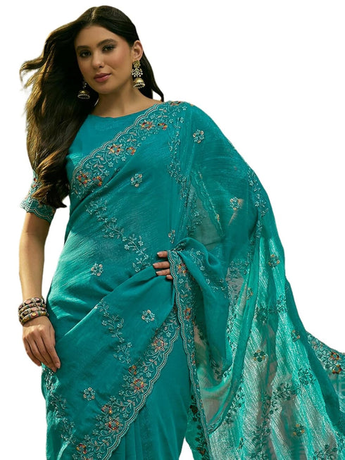 Vasthrlay Shimmer Embroidery Turquoise Saree