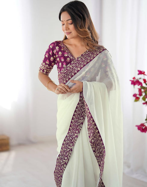 Vasthrlay Sequence Embroidery Unstitched Off White Saree