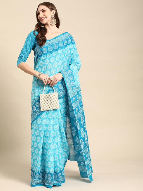 Vasthrlay Cotton Printed Mulmul Blue Saree