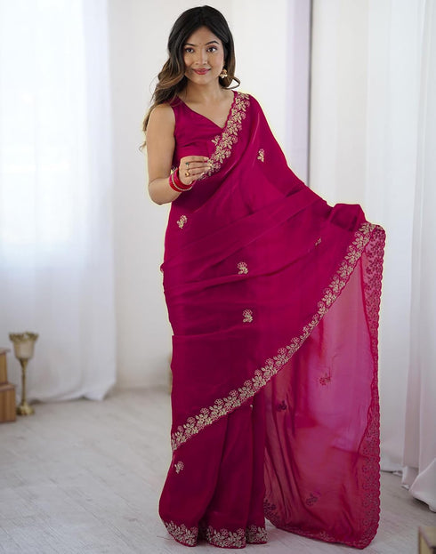 Vasthrlay Scalloped Embroidery Unstitched Rani Pink Saree