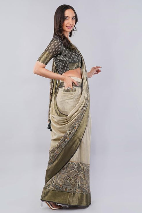 Vasthrlay Cream Striped | Floral | Solid Print Design Linen Saree