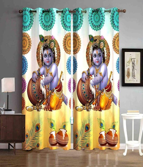 Eyelet Polyester Light Filtering God Printed Long Crush Curtains 7Ft | 2Pcs