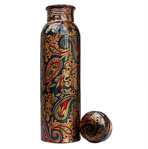 Copper Water Bottle, 1000ml, Set of 1, Green Print