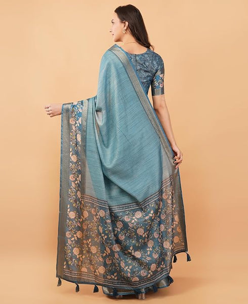 Vasthrlay Teal Blue Textured Polyester Saree With Kalamkari Floral Border And Ruched Unstitched Blouse Piece