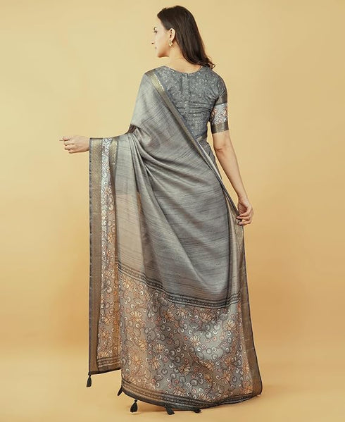 Vasthrlay Beige Rust Geometric Print Polyester Saree With Dull Gold Zari Border And Unstitched Blouse Piece