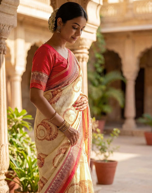 Vasthrlay Womens Printed Unstitched Off White Saree