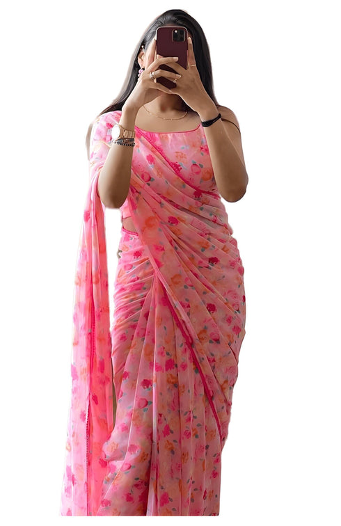 Vasthrlay Pink Georgette Unstitched Saree