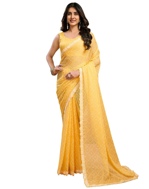 Vasthrlay Chiffon Bandhani Unstitched Yellow Saree