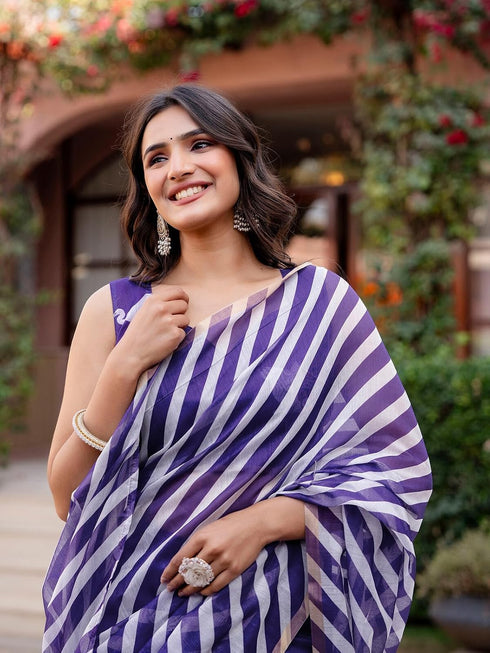 Vasthrlay Womens Printed Purple And White Saree With Unstitched Blouse Piece