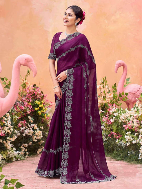Vasthrlay Shimmer Chiffon Unstitched Maroon Saree