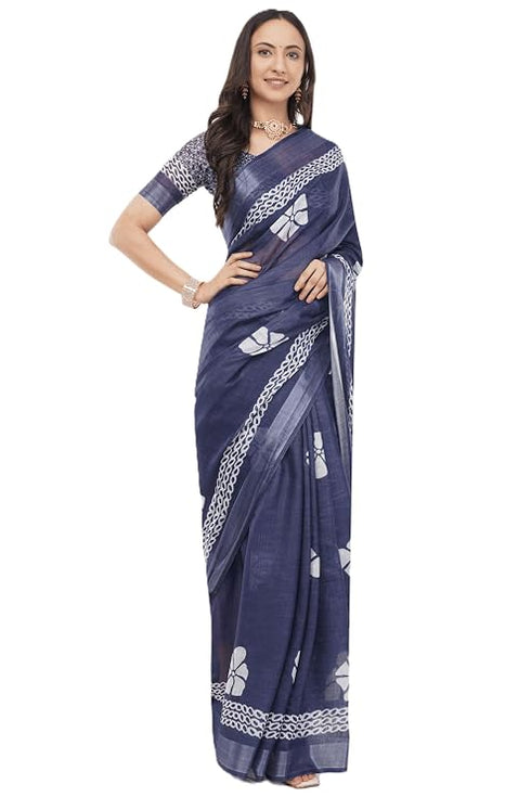 Vasthrlay Womens Off White1 Botanical Printed Linen Saree With Self Woven Border And Unstitched Blouse Piece