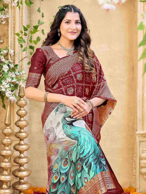 Vasthrlay Banarasi Weaving Maroon Saree