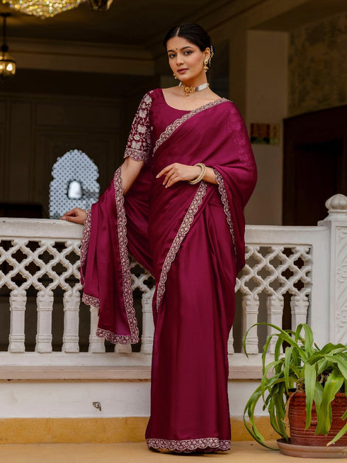Vasthrlay Sequins Embroidery Unstitched Maroon Saree