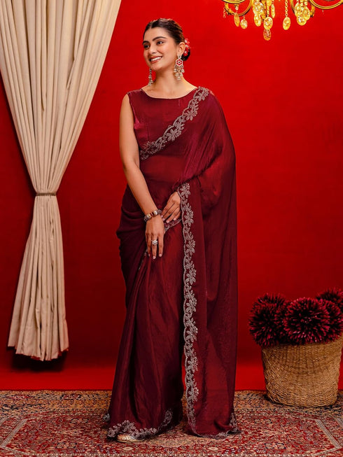 Vasthrlay Shimmer Scalloped Unstitched Maroon Saree