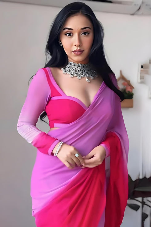 Vasthrlay Pink Georgette Printed Unstitched Saree