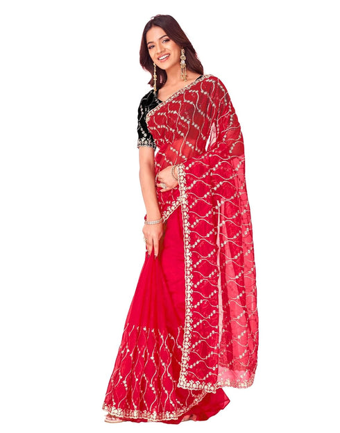 Vasthrlay Embroidery Scalloped Unstitched Red Saree