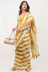 Vasthrlay Yellow Striped | Floral | Solid Print Design Linen Saree With Solid Unstitched Linen Blouse Piece