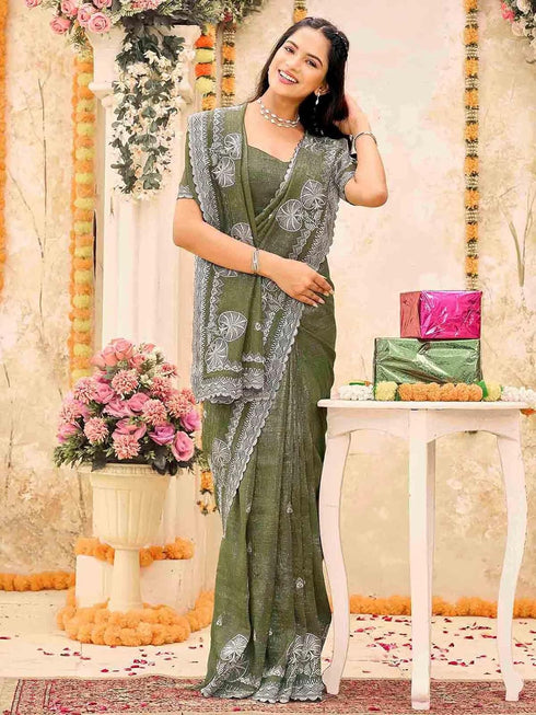 Vasthrlay Scalloped Embroidery Turquoise Saree