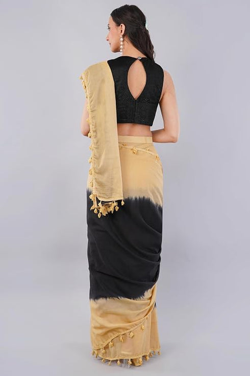 Vasthrlay Black Plain Cotton Saree With Pocket And Unstitched Blouse Piece