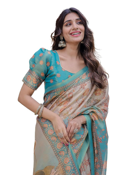 Vasthrlay Handloom Cotton Turquoise Saree