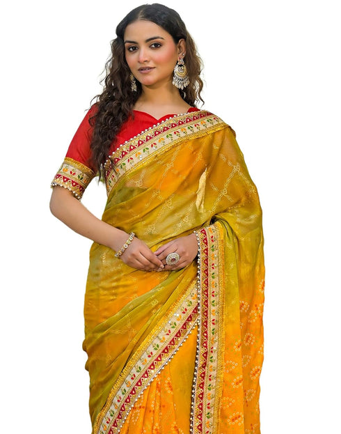 Vasthrlay Bandhani Embroidery Yellow | Light Green Saree With Red Unstitched Blouse Piece